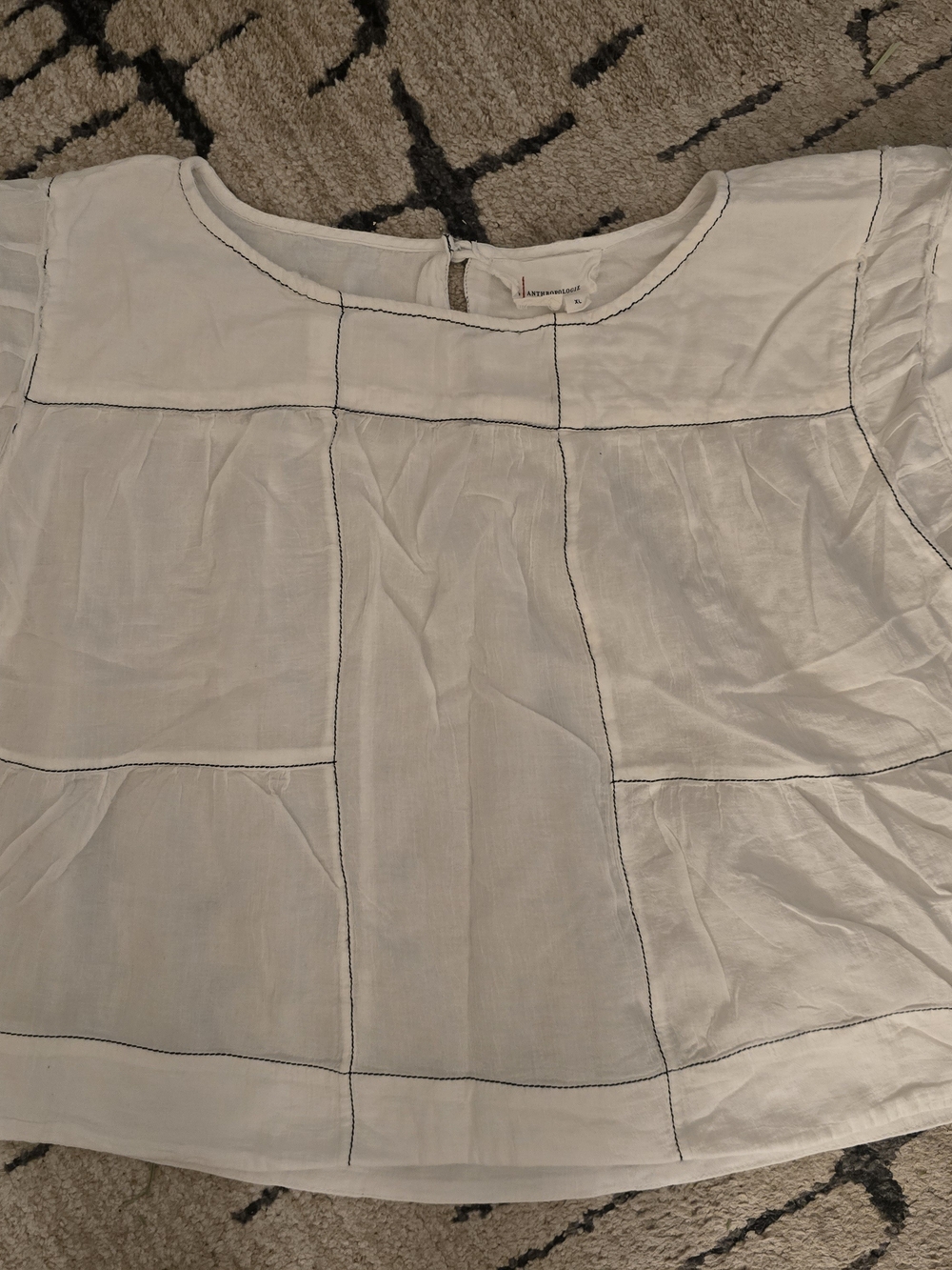 Anthropologie White Top with Black Grid Stitching